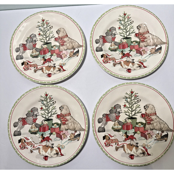Pier 1 CHRISTMAS MORNING PUPS Salad Dessert Plates Puppies Dogs Set of four - Picture 2 of 7